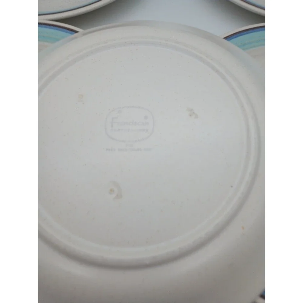 5 Vtg Franciscan Malibu Salad Luncheon Lunch Plates  Blue Brown Rings Stoneware